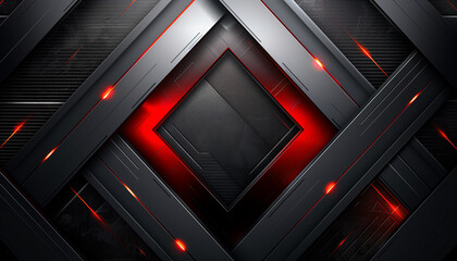 Futuristic technology abstract background featuring dark metallic chevrons and glowing red accent