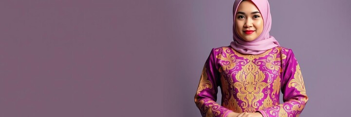 Malay woman wearing vibrant baju kurung and hijab, adorned with intricate patterns and gold embellishments, standing confidently with hands on hips, hijab, Malay