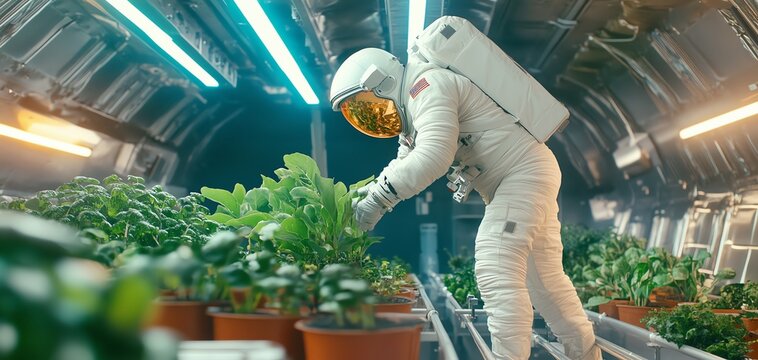 Astronaut tending plants in a spaceship hydroponic garden.  Space exploration, sustainable agriculture, future of food.