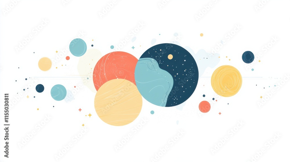 Poster colorful cosmic elements with planets and stars in minimalistic style