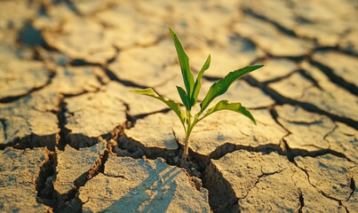 Small green plant growing from cracked dry earth, symbolizing drought.