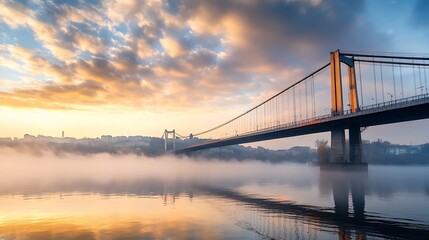 Fototapeta premium Suspension Bridge Sunrise Fog