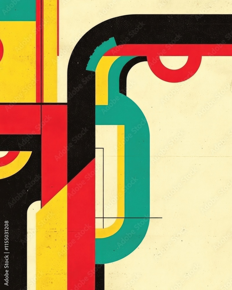 Poster abstract design featuring colorful geometric shapes and lines on a textured background.