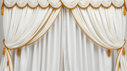 The flowing white curtain, adorned with a delicate ribbon, drapes majestically across the theater stage, ready for the show to begin