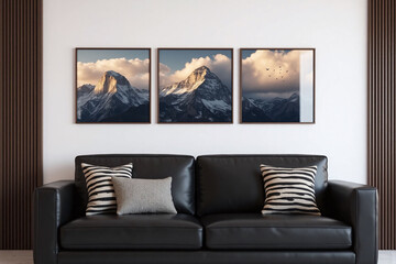 Living room black sofa pillows framed prints mountain range