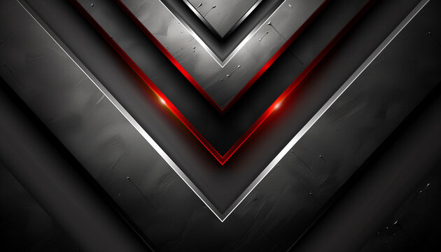 Futuristic technology abstract background featuring dark metallic chevrons and glowing red accent