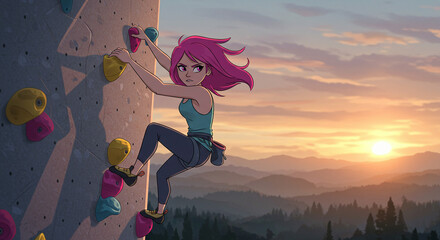 Woman Rock Climbing at Sunset Mountain View Cartoon Style