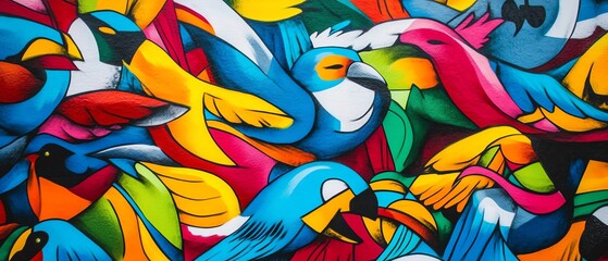 Vibrant abstract artwork featuring a multitude of colorful birds, creating a dynamic and energetic composition. Ideal for textile, fashion, and vibrant designs.