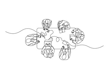 businesspeople meeting in the table continuous one line drawing. Business teamwork concept in single line art illustration. Editable vector.