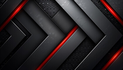Futuristic technology abstract background featuring dark metallic chevrons and glowing red accent