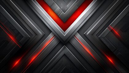 Futuristic technology abstract background featuring dark metallic chevrons and glowing red accent