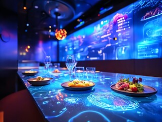 Immersive underwater dining experience.  Luminous tables and ceiling projections create a magical ambiance in this upscale restaurant.