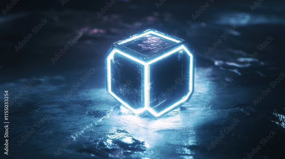 Poster glowing neon cube in dark abstract environment with reflections