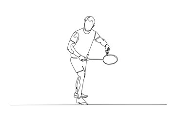 Fototapeta premium Badminton player continuous one line drawing. Badminton sport in single line art illustration. Editable vector.