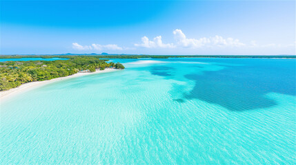 Fototapeta premium A tropical beach with crystal-clear turquoise water and white sandy shores under a bright blue sky. Ultimate vacation and paradise imagery with copy space.