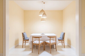 Dining area wooden floor beige walls table chairs lights