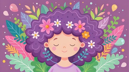 A whimsical illustration of a girl with curly purple hair surrounded by colorful flowers and leaves, set against a vibrant purple background.