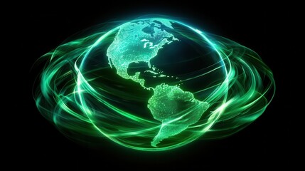 Vibrant Global Connectivity with Luminous Green Energy Swirls