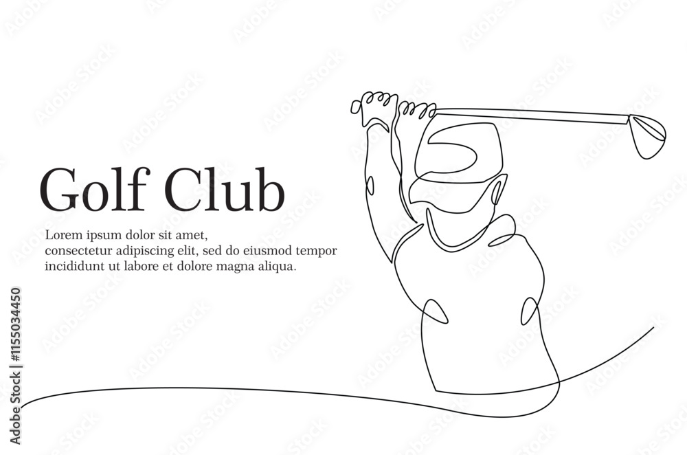 Poster man playing golf continuous one line drawing. professional golfer swinging the stick in single line 