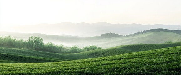Misty morning in rolling green hills and mountains.