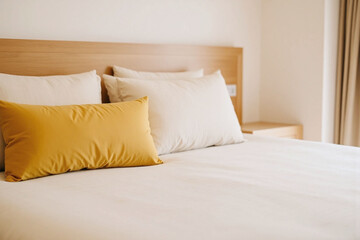 Bedroom bed wooden headboard bedding decorative pillows