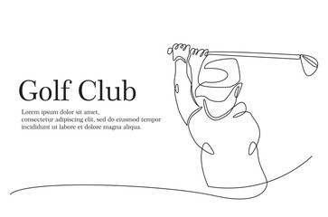 Man playing golf continuous one line drawing. professional golfer swinging the stick in single line art illustration. Editable vector.