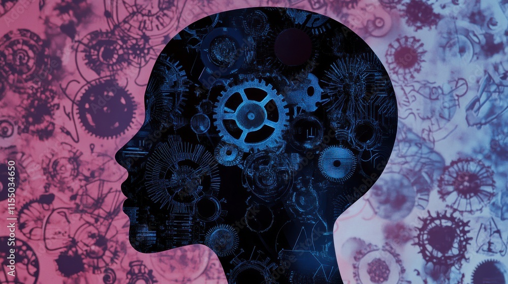 Poster silhouette of human head with intricate gears and patterns inside