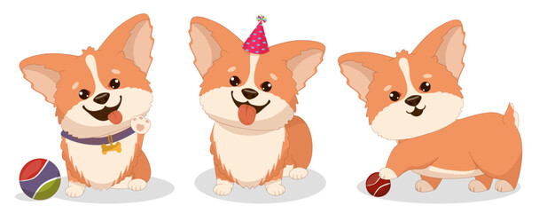Fototapeta premium Set of corgi dogs in different poses cheerful puppy sitting with a ball, puppy in a cap, puppy with a basketball. Vector illustration for a poster, greeting card or invitation