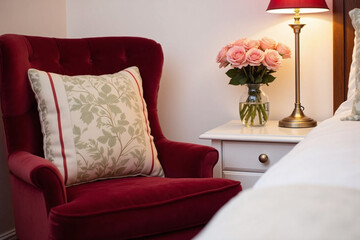 Bedroom dark red armchair pink roses bedside lamp glow