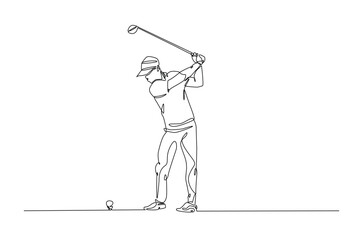Man playing golf continuous one line drawing. professional golfer swinging the stick in single line art illustration. Editable vector.