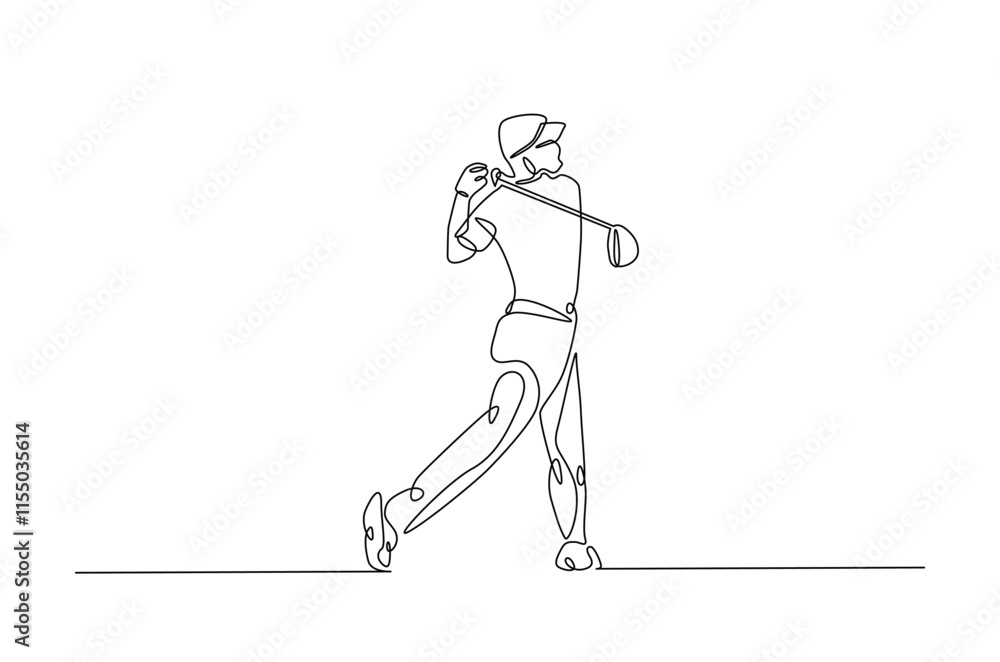Poster man playing golf continuous one line drawing. professional golfer swinging the stick in single line 