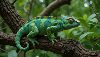 Chameleon seamlessly blending into its environment, symbolizing change and adaptability, against a natural backdrop with copy space