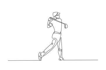Fototapeta premium Man playing golf continuous one line drawing. professional golfer swinging the stick in single line art illustration. Editable vector.