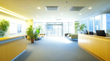 Modern office lobby with reception desk, seating area, and large windows.