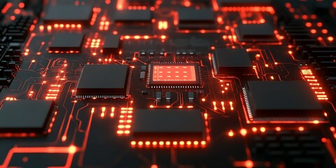 Fototapeta premium Close-up of a lit-up circuit board with multiple microchips and processors.
