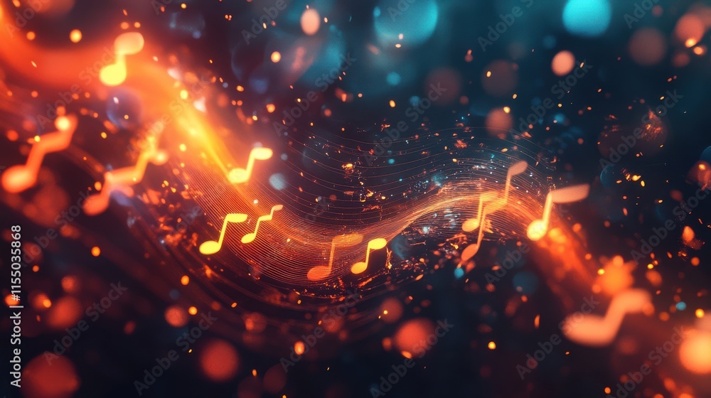 Poster abstract musical notes with colorful particles and waves in background