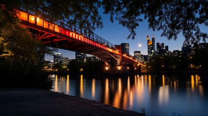 Illuminated Bridge at Night with Frankfurt Skyline in the Background