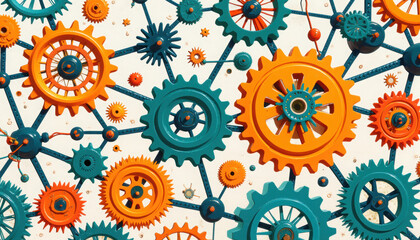 Network of interlocking gears, symbolizing connection and collaboration, against a mechanical backdrop with copy space