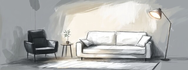 Modern living room with sofa, armchair, and floor lamp.