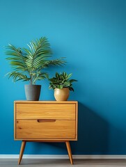 Two potted plants sit atop a wooden cabinet against a blue wall