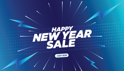"Happy New Year Sale" Shopping Banner or Poster with a blast Effect on a blue background. New Year sale design for social media posts.