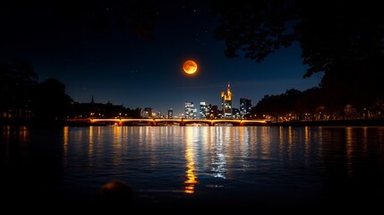 Night View of Frankfurt Skyline with a Full Moon