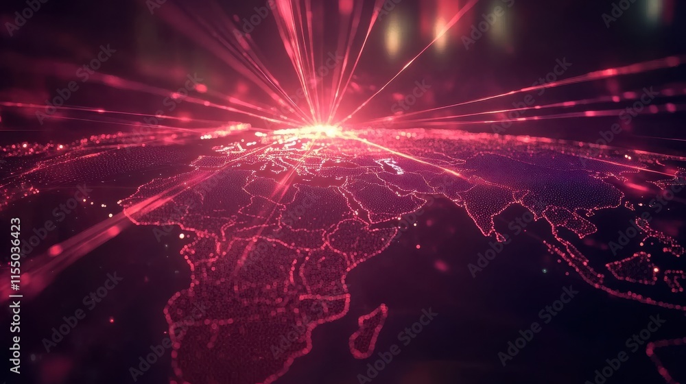 Poster abstract visualization of digital world map with glowing network lines