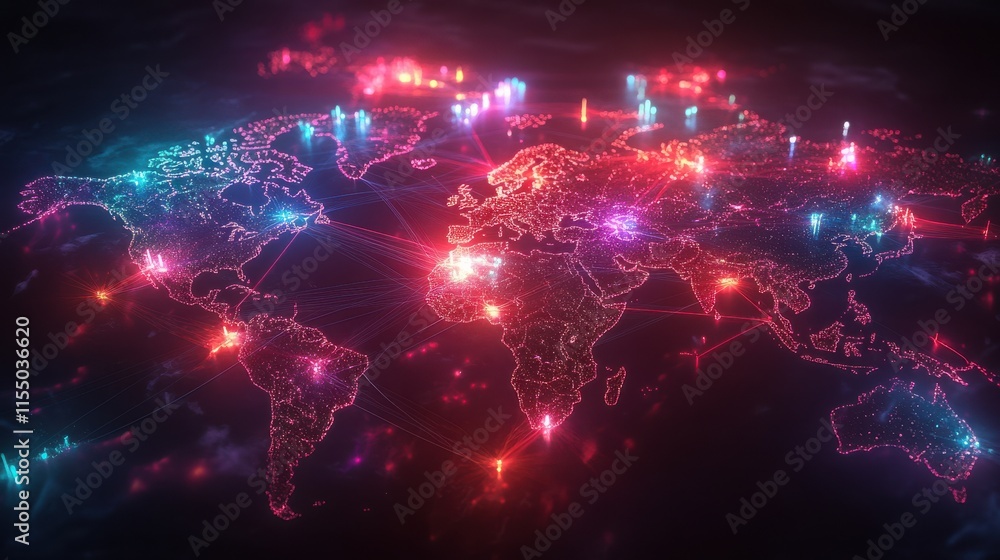 Poster global network map visualization with colorful data connections