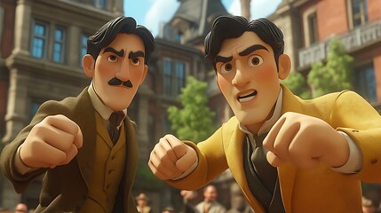 Two animated men in yellow suits, fists clenched, confrontational pose.
