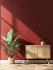 Wooden Cabinet Plants Red Wall Sunlight Interior Design