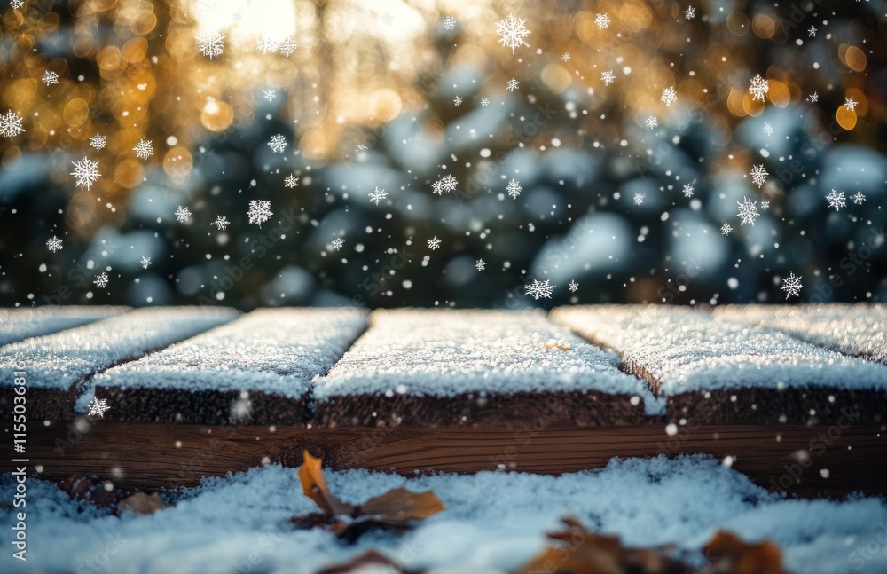 Poster snowflakes gently fall on a rustic wooden surface surrounded by nature, creating a serene winter sce