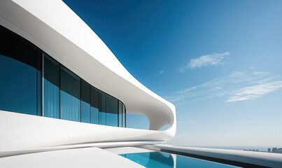 White modern building facade, swimming pool outside the building