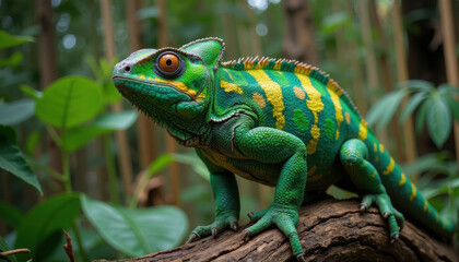 Fototapeta premium Chameleon adapting to its surroundings, symbolizing change and flexibility, against a natural backdrop with copy space