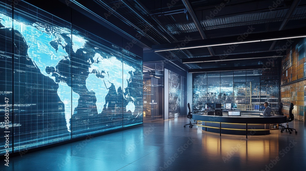 Poster modern control room with digital world map and high-tech displays